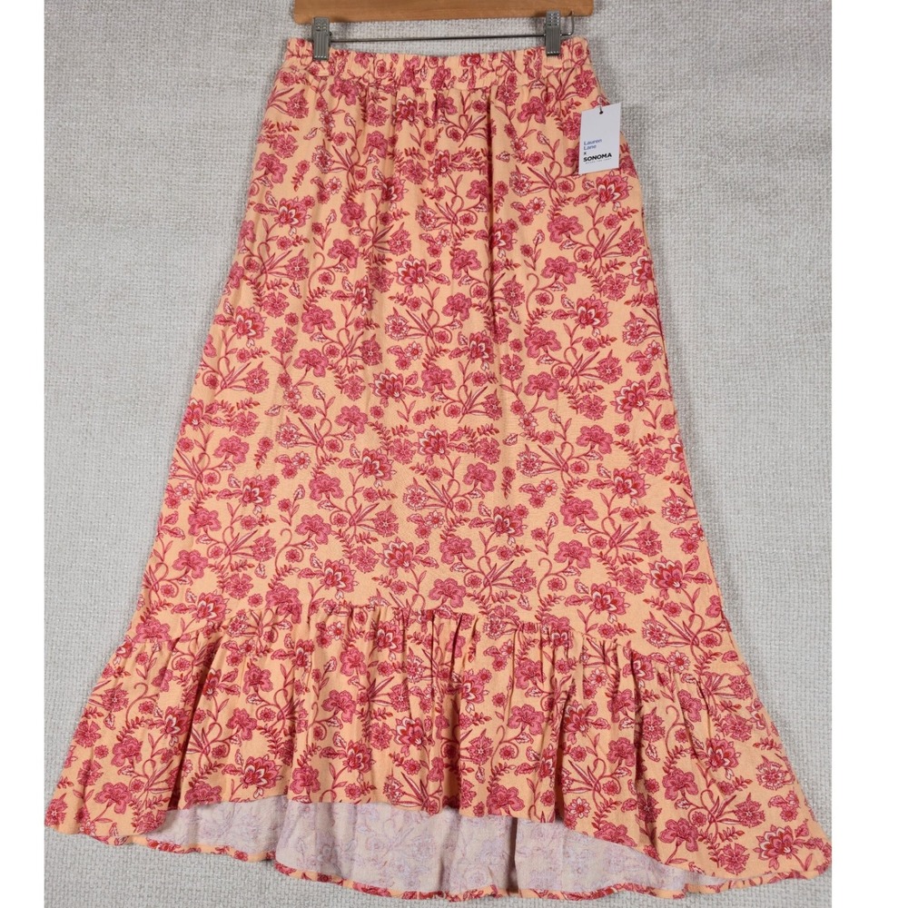 Lauren Lane x Sonoma Womens Peachโ Floral Maxi Skirt Size Medium Ruffle Hem